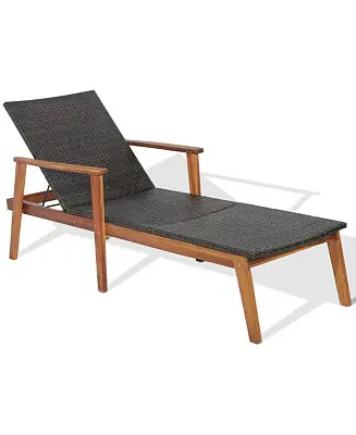 Same Day Shipping Adjustable Patio Rattan Lounge Chair Recliner Outdoor Chaise Acacia Wood Frame