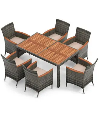 7 Pieces Patio Acacia Wood Cushioned PE Rattan Wicker Dining Set Money Back Guarantee
