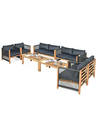 8PCS Acacia Wood Outdoor Patio Furniture Set Cushioned Sofa W/Nylon Rope Armrest Sale