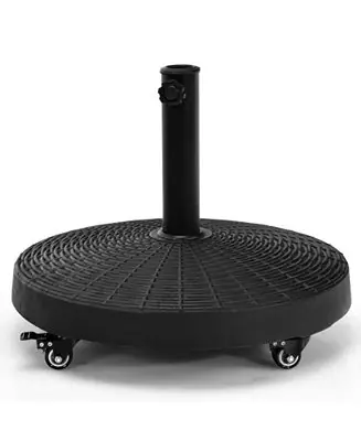 50 LBS Patio Wicker Style Resin Umbrella Base Stand Heavy Duty with Wheels Secure Checkout
