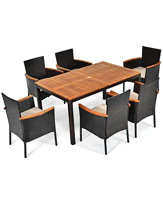7PCS Rattan Outdoor Dining Set Patio Furniture Set w/ Cushions Umbrella Hole While Supplies Last