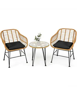 3 Pieces Rattan Furniture Set with Cushioned Chair Table-Black Price Cut