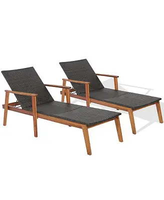 2PCS Adjustable Patio Rattan Lounge Chair Recliner Outdoor Chaise Acacia Wood Frame Big Sale