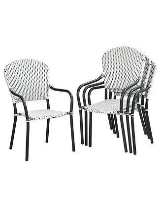 Set of 4 Patio Rattan Dining Chairs Stackable Armrest No Assembly Trending