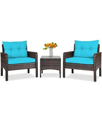 Limited Offer 3 Pcs Outdoor Patio Rattan Conversation Set with Seat Cushions-Turquoise