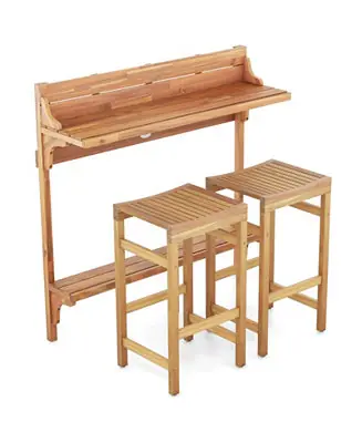 3 Pieces Patio Acacia Wood Bar Table Set with Footrest Curved Wood Seat Discount