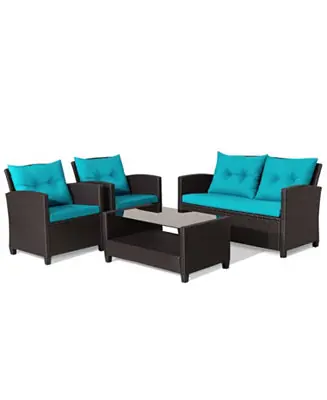 4 Pieces Patio Rattan Conversation Furniture Set with Glass Top Coffee Table Seasonal Sale