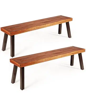 Set of 2 Patio Acacia Wood Dining Bench with Rustic Steel Legs Outdoor Indoor Super Sale