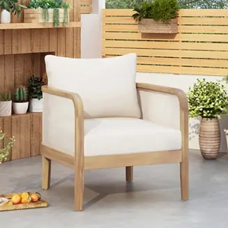 Bargain Outdoor Acacia Wood Patio Club Chair, Textilene Patio Furniture, Waterproof Thick Cushion Deep Seating for Porch, Garden, Backyard, Balcony, Weight Capacity 400lbs, Light Teak Finish, Beige