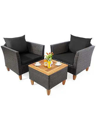 3PCS Patio Furniture Set Conversation Bistro Set w/ Acacia Wood & Cushions Black Seasonal Sale