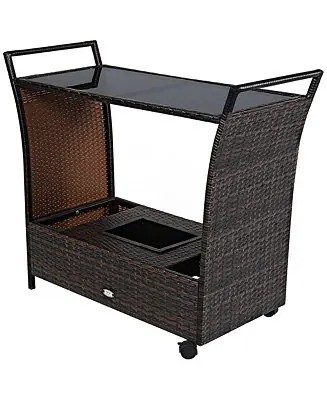 Final Sale Patio Rattan Bar Serving Cart Wheels Ice Bucket Glass Top Handle Garden