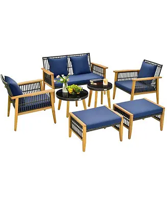 Order Now 7 Piece Conversation Set Rattan Woven Chair Set with 2 Coffee Tables & 2 Ottomans