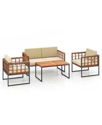 Professional Grade 4 Pieces Acacia Wood Outdoor Sofa Set for BalconyPorchBackyardPoolside