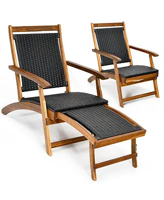 Wholesale 2PCS Patio Folding Rattan Lounge Chair Wood Frame Retractable Footrest