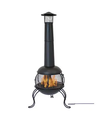 Outdoor Backyard Patio Steel Wood-Burning Fire Pit Chiminea with Rain Cap and Mesh Sides - 66" - Black Fast Shipping