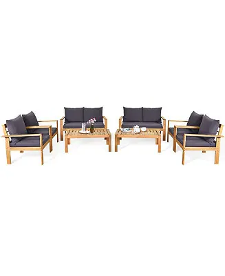 8PCS Patio Furniture Set Acacia Wood Thick Cushion Loveseat Sofa Secure Checkout