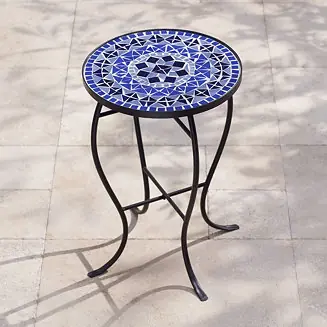 Modern Black Round Outdoor Accent Side Table 14" Wide Light Blue Mosaic Tabletop Front Porch Patio Home House Balcony Crafted