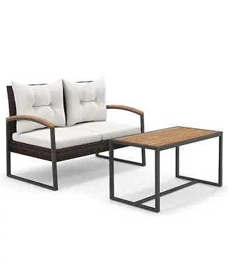 Viral Set of 2 PE Wicker Furniture Set Loveseat w/ Acacia Wood Coffee Table Patio