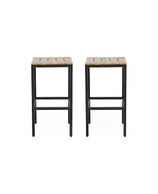 Modern Noe Acacia Wood Bar Stools, Set Of 2, Teak Finish, Black