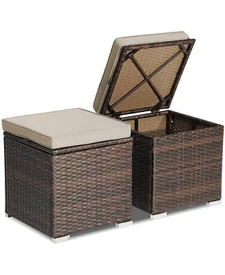 Buy Online 2PCS Patio Rattan Ottomans Seat Side Table Storage Box Footstool with Cushion