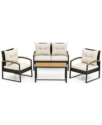 Best Seller 4 Pieces Patio Conversation Set with Acacia Wood Armrests and Tabletop and Cushions