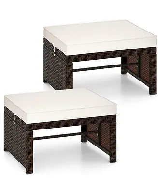 Set of 2 Patio PE Rattan Ottomans w/ Soft Zippered Cushions for Deck Outdoor Special Discount