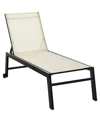 Price Drop Outdoor Lounge Chair, Patio Lounger with 5-Position Reclining Backrest and 2 Wheels for Poolside, Beach, Lawn, Cream White