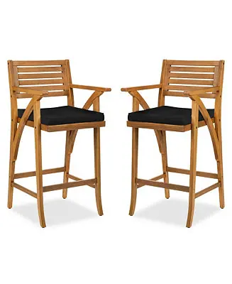 Final Sale Set of 2 Outdoor Acacia Wood Bar Stools Bar Chairs w/ Weather-Resistant Cushions