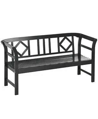 Handmade Three-Person Wooden Bench, Three-Seater Outdoor Patio Bench, Backrest and Armrests, Rustic Country Diamond Pattern, Slatted Seat for Backyard, Porch Garden, Black
