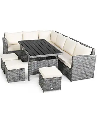 Hassle-Free Returns 7PCS Rattan Patio Sectional Sofa Set Conversation Set w/ White Cushions