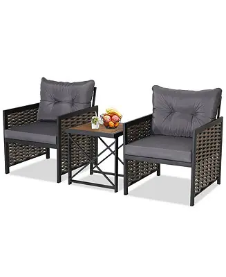 Price Drop 3PCS Rattan Furniture Set Acacia Wood Coffee Table & 2 Chairs Backyard Patio