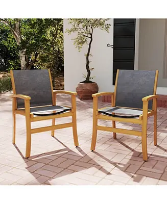 Popular Outdoor Dining Chairs Acacia Wood Patio Chairs with Breathable Fabric Seat