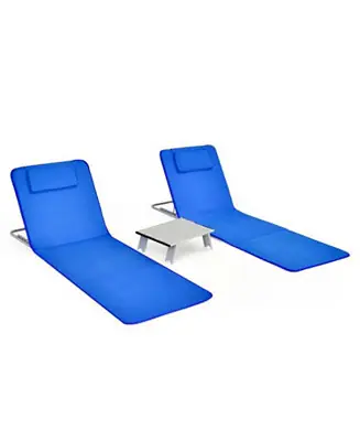 Don’t Miss Out 3 Pieces Beach Lounge Chair Mat Set 2 Adjustable Lounge Chairs with Table Stripe-Blue