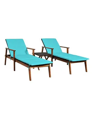 3 Pieces Portable Patio Cushioned Rattan Lounge Chair Set with Folding Table One Day Deal