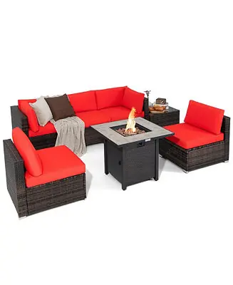 Trusted Brand 7PCS Patio Rattan Furniture Set 30'' Fire Pit Table Cover Cushion Sofa