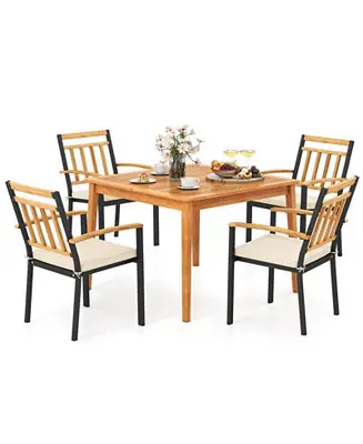 Set Of 5 Patio Acacia Wood Dining Set w/ Soft Seat Cushions Umbrella Hole for Yard Grab Now