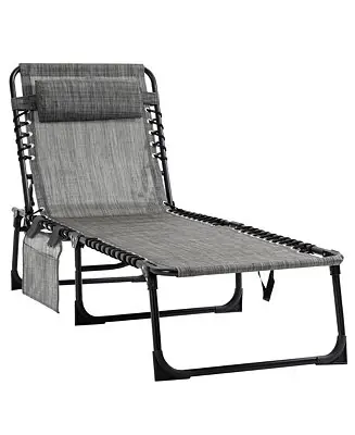 Reclining Chaise Lounge Chair, Portable Sun Lounger, Folding Camping Cot, with Adjustable Backrest and Removable Pillow, for Patio, Garden, Beach, Grey Top Pick