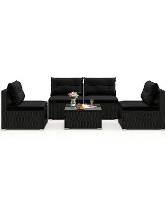 Super Sale 5 PCS Patio Furniture Set w/ Seat & Back Cushions Tempered Glass Tabletop