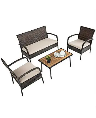 4 Pieces Patio Cushioned Wicker Conversation Set with Acacia Wood Tabletop Price Drop