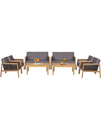 Express Delivery 8PCS Patio Conversation Acacia Wood Furniture Set PE Rattan Conversation Set w/ Grey Cushions