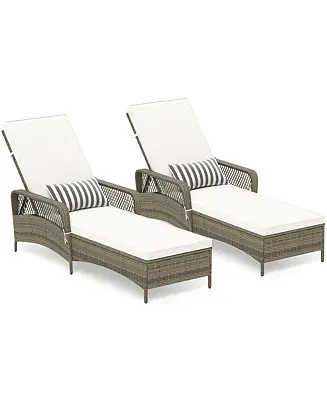 2 PCS PE Wicker Chaise Lounge Chair 6-Position Adjustable Patio Recliner w/ Soft Cushions Handmade