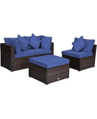 Holiday Sale 4 Pieces Ottoman Garden Patio Rattan Wicker Furniture Set with Cushion-Navy
