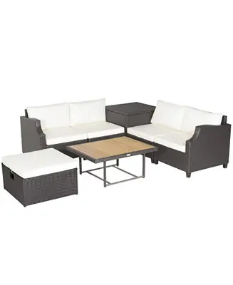 7 Pieces Hand-Woven Wicker Outdoor Furniture Set with Acacia Wood Coffee Table-White While Supplies Last