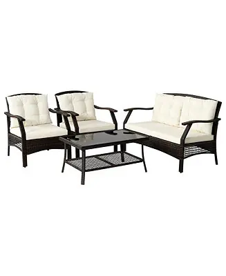 Hot Picks 4PCS Rattan Patio Conversation Furniture Set Wicker Sofa Set w/ Waterproof Cover