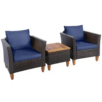 Super Sale 3PCS Patio Rattan Bistro Furniture Set Wood Table Top Cushion Sofa