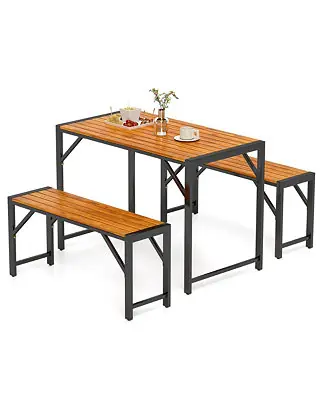 3 PCS Dining Set for 4 People Outdoor Picnic Table & 2 Benches w/ Metal Frame Super Sale