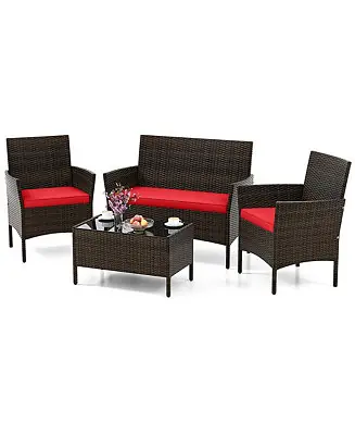 4 PCS Patio Furniture Set w/Washable Cushions & Tempered Glass Coffee Table Super Sale