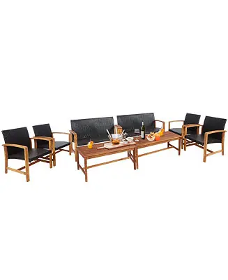 8PCS Outdoor Patio Rattan Furniture Set Acacia Wood Frame Sofa Loveseat Garden Big Sale