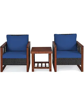 Free Delivery 3 Pieces Patio Wicker Furniture Set with Acacia Wood Table and Washable Cushion