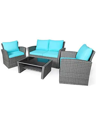 Genuine 4PCS Patio Rattan Conversation Set Outdoor Furniture Set w/ Turquoise Cushions